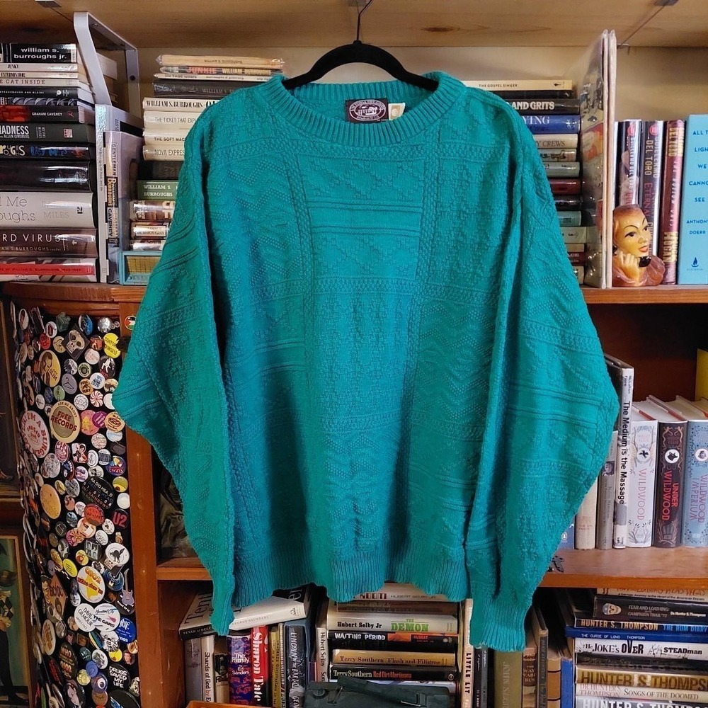 Vintage Victoria Dry Goods Teal Cotton 3D Chunky Knit Sweater Made in USA Large‎